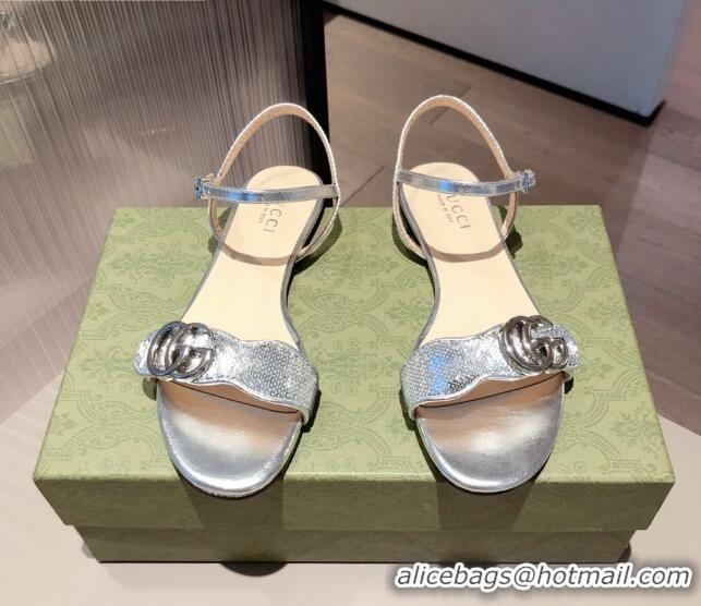 Cheap Design Gucci Sequin GG Strap Flat Sandals Bright 040945 Silver 2021