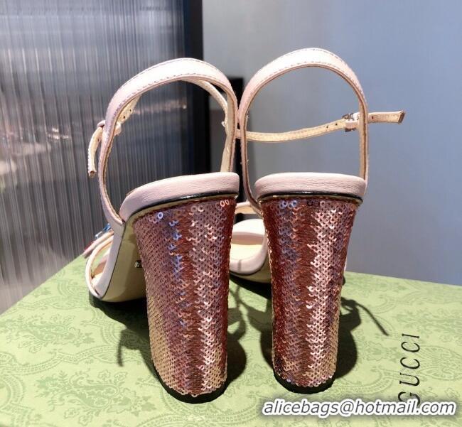 Best Luxury Gucci Sequin GG Strap High-heel Sandals 040946 Pink/Silver 2021