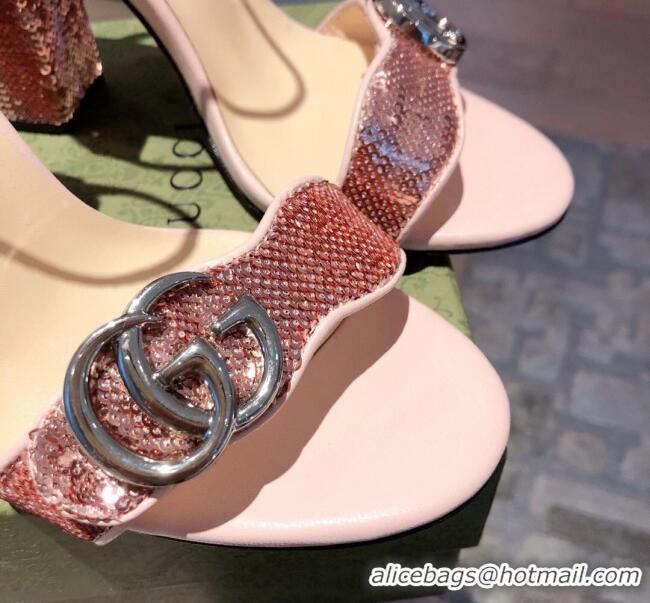 Best Luxury Gucci Sequin GG Strap High-heel Sandals 040946 Pink/Silver 2021