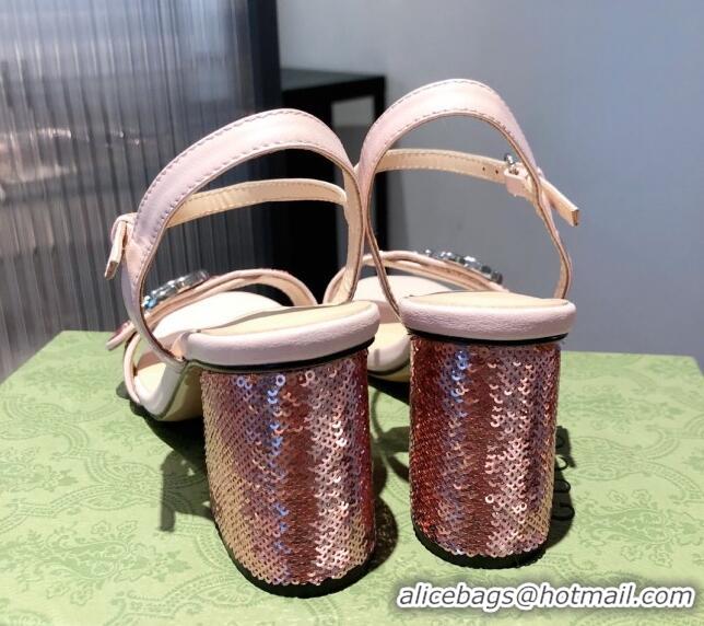 Good Quality Gucci Sequin GG Strap Mid-heel Sandals 040946 Pink/Silver 2021