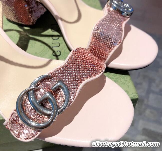 Good Quality Gucci Sequin GG Strap Mid-heel Sandals 040946 Pink/Silver 2021