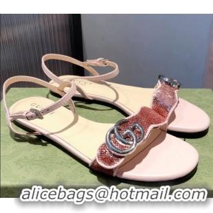 Best Design Gucci Sequin GG Strap Flat Sandals 040948 Pink/Silver 2021