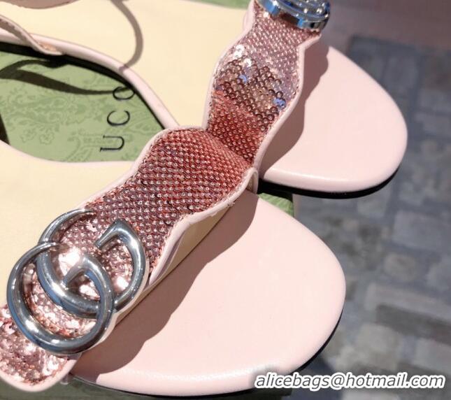 Best Design Gucci Sequin GG Strap Flat Sandals 040948 Pink/Silver 2021