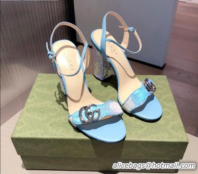 Good Product Gucci Sequin GG Strap High-heel Sandals 040949 Blue/Silver 2021