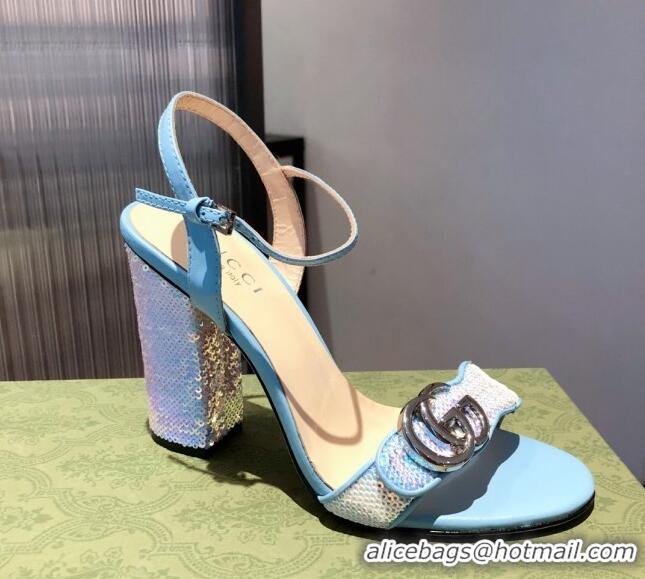 Good Product Gucci Sequin GG Strap High-heel Sandals 040949 Blue/Silver 2021