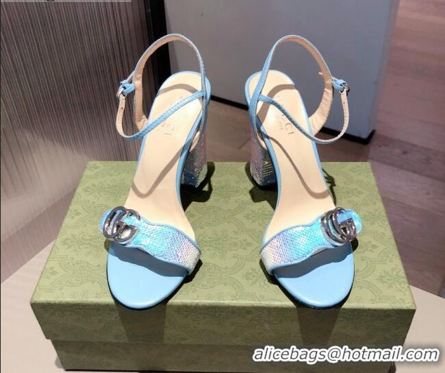 Good Product Gucci Sequin GG Strap High-heel Sandals 040949 Blue/Silver 2021