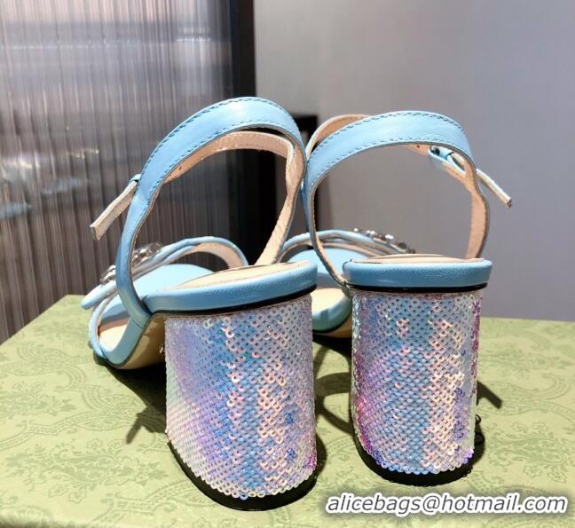 Custom Gucci Sequin GG Strap Mid-heel Sandals 040950 Blue/Silver 2021