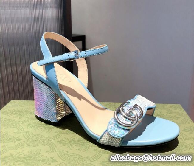 Custom Gucci Sequin GG Strap Mid-heel Sandals 040950 Blue/Silver 2021