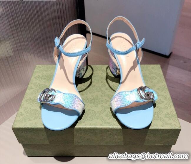 Custom Gucci Sequin GG Strap Mid-heel Sandals 040950 Blue/Silver 2021