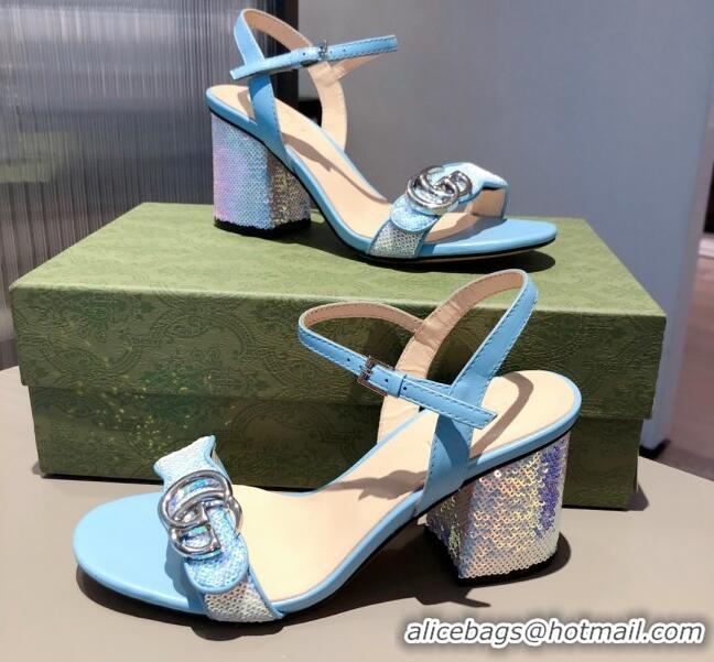 Custom Gucci Sequin GG Strap Mid-heel Sandals 040950 Blue/Silver 2021