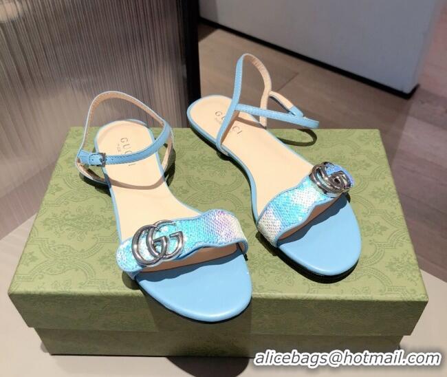 Charming Gucci Sequin GG Strap Flat Sandals 040951 Blue/Silver 2021