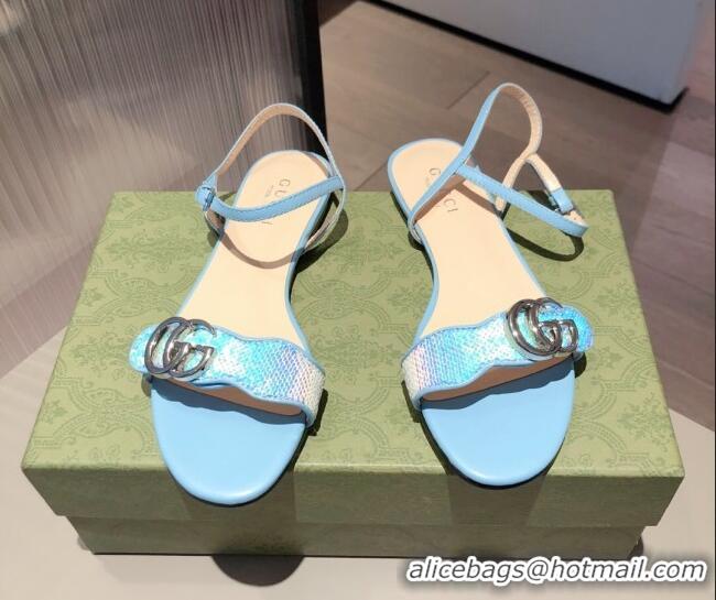 Charming Gucci Sequin GG Strap Flat Sandals 040951 Blue/Silver 2021