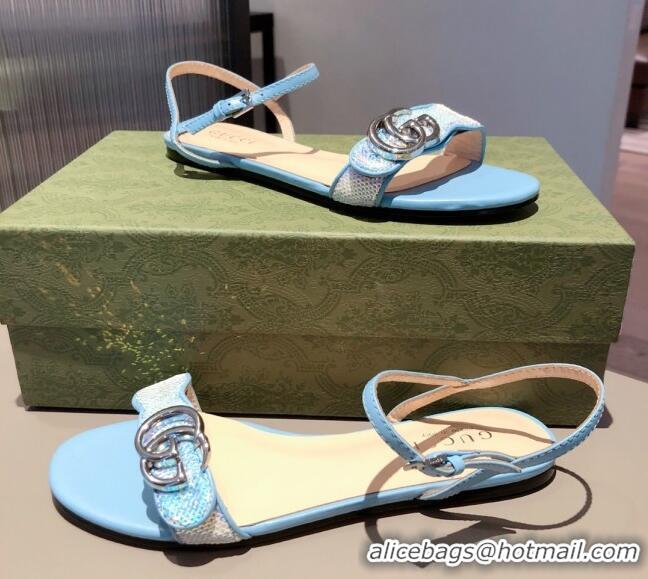 Charming Gucci Sequin GG Strap Flat Sandals 040951 Blue/Silver 2021