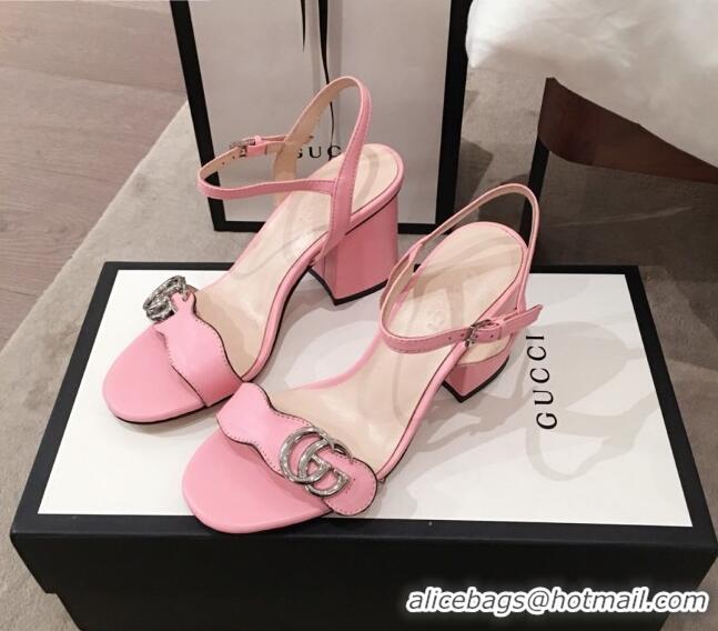 Super Quality Gucci Leather GG Strap Mid-heel Sandals 040952 Pink