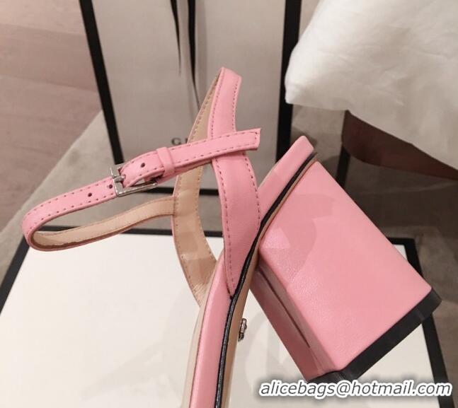 Super Quality Gucci Leather GG Strap Mid-heel Sandals 040952 Pink