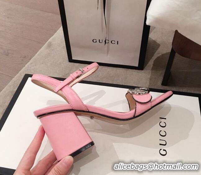 Super Quality Gucci Leather GG Strap Mid-heel Sandals 040952 Pink