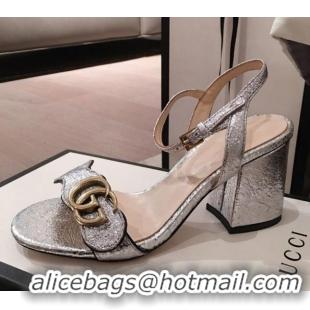 Good Quality Gucci Leather GG Strap Mid-heel Sandals 040957 Silver