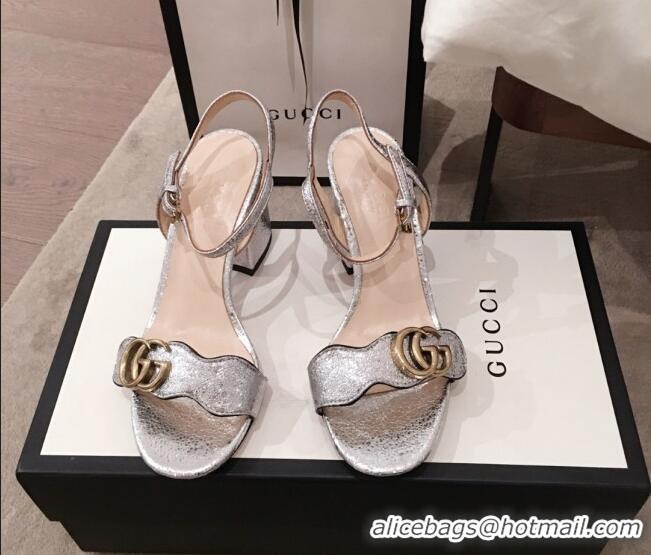 Good Quality Gucci Leather GG Strap Mid-heel Sandals 040957 Silver