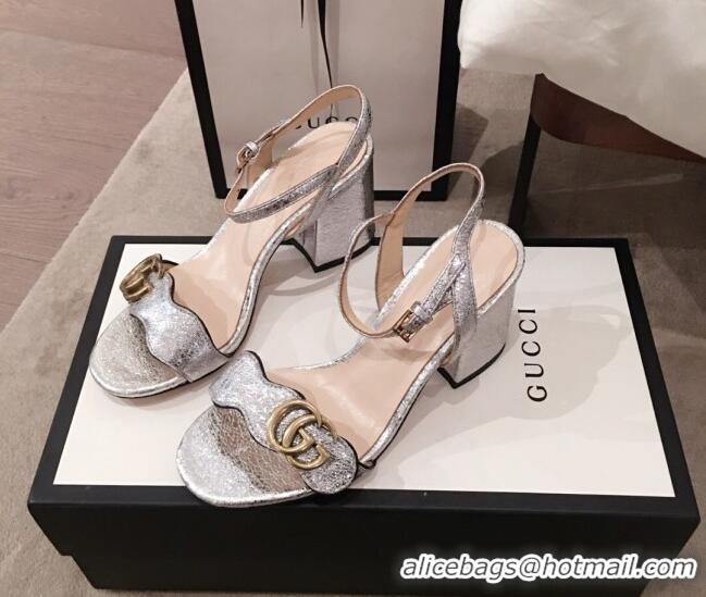 Good Quality Gucci Leather GG Strap Mid-heel Sandals 040957 Silver