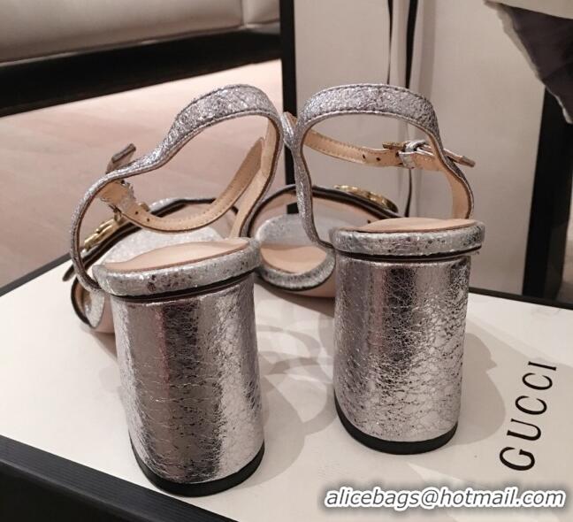 Good Quality Gucci Leather GG Strap Mid-heel Sandals 040957 Silver