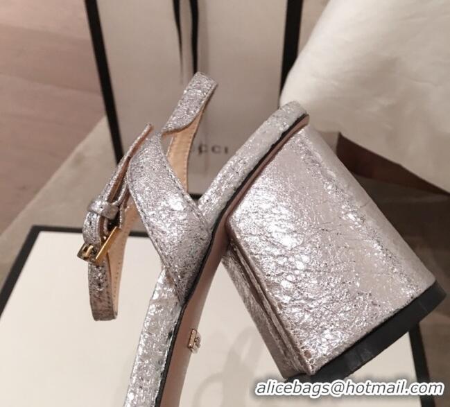 Good Quality Gucci Leather GG Strap Mid-heel Sandals 040957 Silver