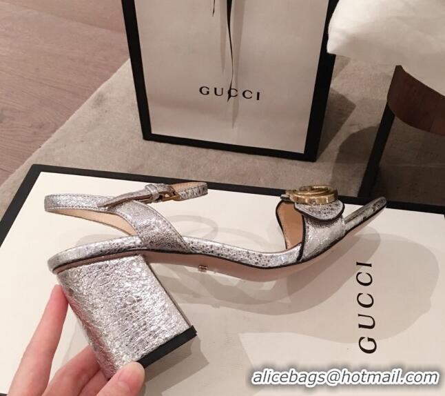 Good Quality Gucci Leather GG Strap Mid-heel Sandals 040957 Silver