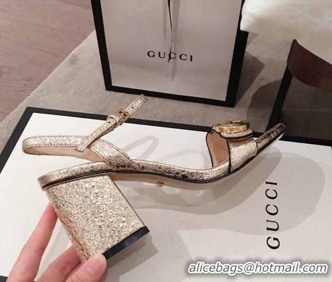 Low Cost Gucci Leather GG Strap Mid-heel Sandals 040957 Gold