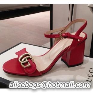 Top Grade Gucci Leather GG Strap Mid-heel Sandals 040957 Red