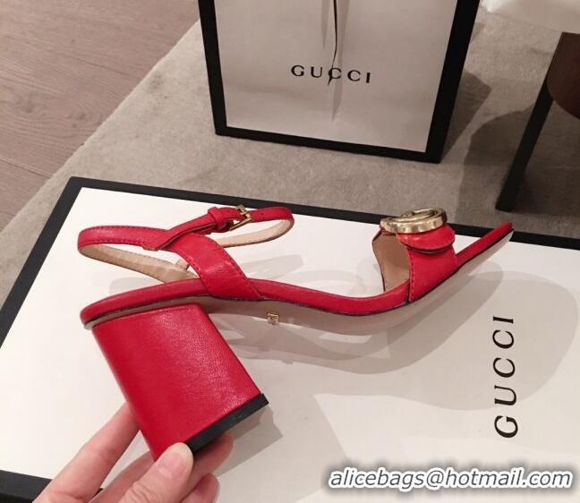 Top Grade Gucci Leather GG Strap Mid-heel Sandals 040957 Red