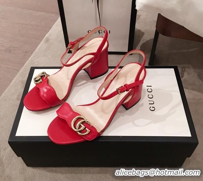 Top Grade Gucci Leather GG Strap Mid-heel Sandals 040957 Red