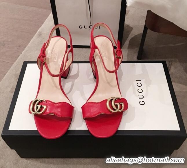 Top Grade Gucci Leather GG Strap Mid-heel Sandals 040957 Red