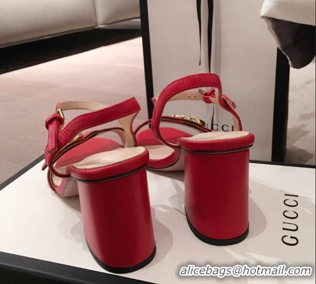 Top Grade Gucci Leather GG Strap Mid-heel Sandals 040957 Red