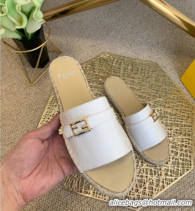 Best Luxury Fendi Crocodile Pattern Leather Promenade Espadrille Slides Sandals 012717 White 2021