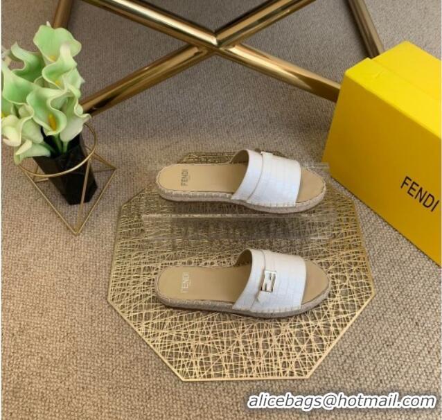 Best Luxury Fendi Crocodile Pattern Leather Promenade Espadrille Slides Sandals 012717 White 2021