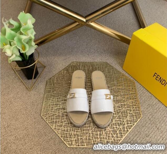 Best Luxury Fendi Crocodile Pattern Leather Promenade Espadrille Slides Sandals 012717 White 2021