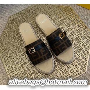 Top Quality Fendi FF Canvas Promenade Espadrille Slides Sandals 012720 Brown