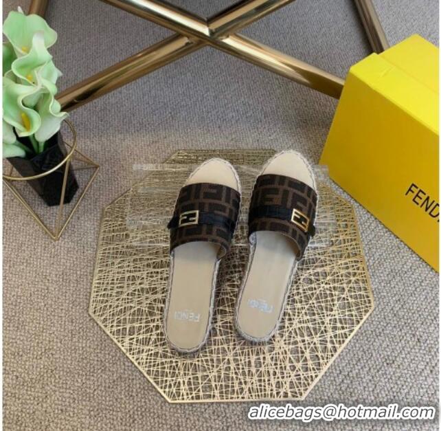 Top Quality Fendi FF Canvas Promenade Espadrille Slides Sandals 012720 Brown