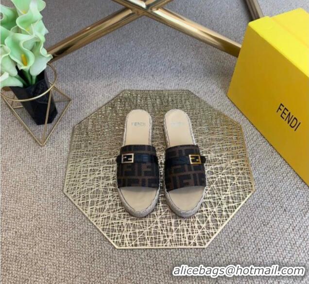 Top Quality Fendi FF Canvas Promenade Espadrille Slides Sandals 012720 Brown