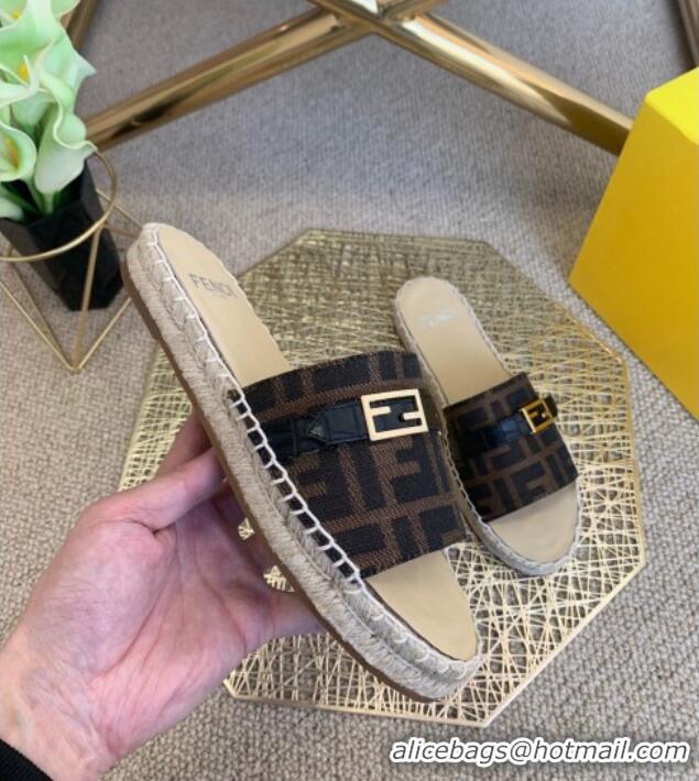 Top Quality Fendi FF Canvas Promenade Espadrille Slides Sandals 012720 Brown