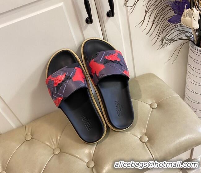 Cute Fendi Camouflage Flat Slide Sandals 308101 Red 2021