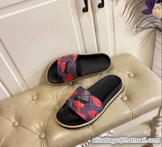 Cute Fendi Camouflage Flat Slide Sandals 308101 Red 2021