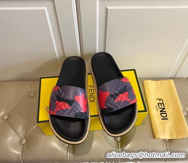 Cute Fendi Camouflage Flat Slide Sandals 308101 Red 2021