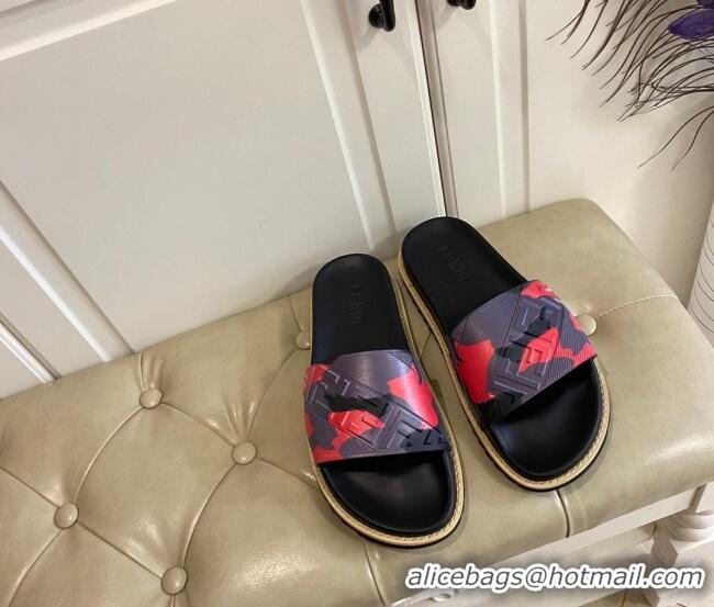 Cute Fendi Camouflage Flat Slide Sandals 308101 Red 2021