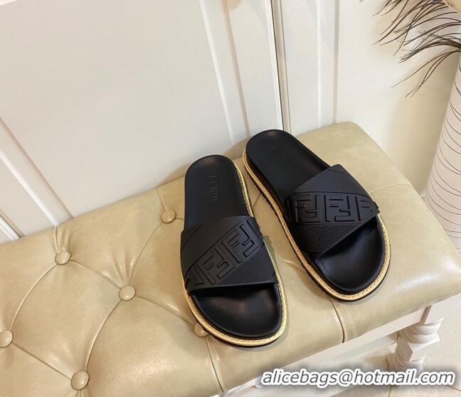 Good Quality Fendi FENDI Embossed Flat Slide Sandals 0308104 Black