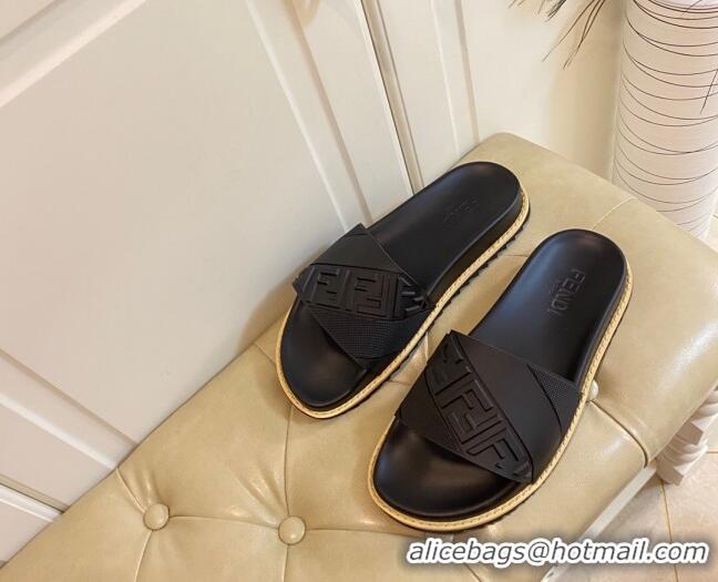 Good Quality Fendi FENDI Embossed Flat Slide Sandals 0308104 Black