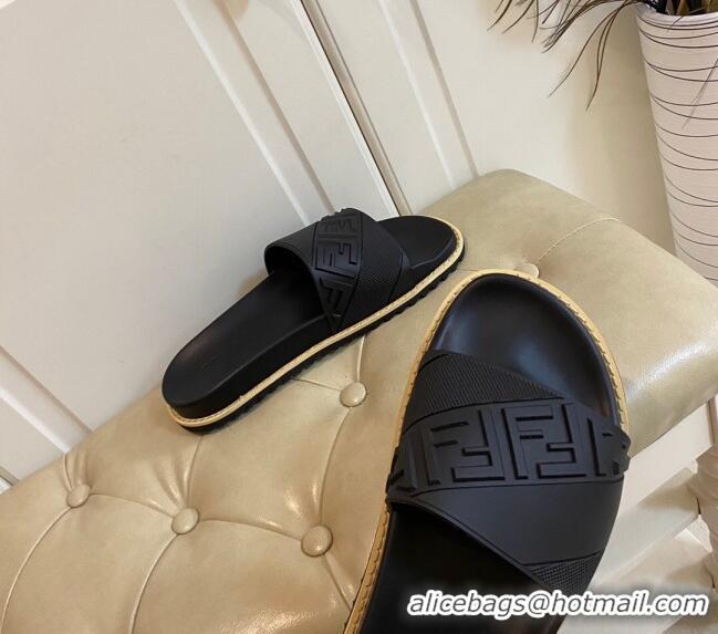 Good Quality Fendi FENDI Embossed Flat Slide Sandals 0308104 Black