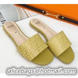 Popular Fendi FF Leather Flat Slide Sandals 0330116 Yellow 2021