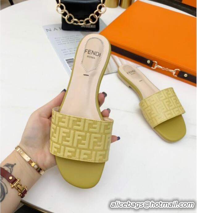 Popular Fendi FF Leather Flat Slide Sandals 0330116 Yellow 2021