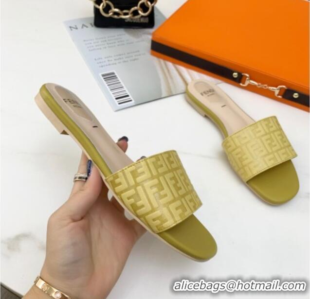 Popular Fendi FF Leather Flat Slide Sandals 0330116 Yellow 2021