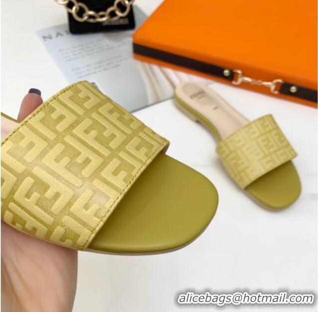 Popular Fendi FF Leather Flat Slide Sandals 0330116 Yellow 2021